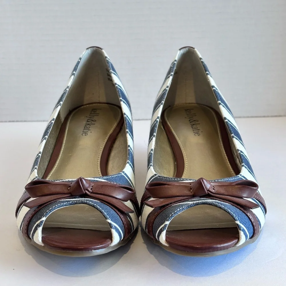 Kelly & Katie Women's Open Toe Low Wedge Cork Heel Blue White Stripe Fabric Shoe